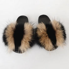 将图片加载到图库查看器，Summer Women Raccoon Fur Slippers Plush Slides Furry Sandals Fluffy House Shoes Girl's Cute Flip Flops Sandal With Soft Furry Faux Fox Fur House Outdoor Multicolor Slippers
