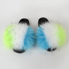 将图片加载到图库查看器，Summer Women Raccoon Fur Slippers Plush Slides Furry Sandals Fluffy House Shoes Girl's Cute Flip Flops Sandal With Soft Furry Faux Fox Fur House Outdoor Multicolor Slippers
