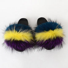 将图片加载到图库查看器，Summer Women Raccoon Fur Slippers Plush Slides Furry Sandals Fluffy House Shoes Girl's Cute Flip Flops Sandal With Soft Furry Faux Fox Fur House Outdoor Multicolor Slippers
