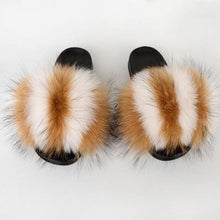 将图片加载到图库查看器，Summer Women Raccoon Fur Slippers Plush Slides Furry Sandals Fluffy House Shoes Girl's Cute Flip Flops Sandal With Soft Furry Faux Fox Fur House Outdoor Multicolor Slippers
