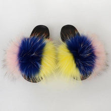 将图片加载到图库查看器，Summer Women Raccoon Fur Slippers Plush Slides Furry Sandals Fluffy House Shoes Girl's Cute Flip Flops Sandal With Soft Furry Faux Fox Fur House Outdoor Multicolor Slippers
