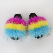 将图片加载到图库查看器，Summer Women Raccoon Fur Slippers Plush Slides Furry Sandals Fluffy House Shoes Girl's Cute Flip Flops Sandal With Soft Furry Faux Fox Fur House Outdoor Multicolor Slippers
