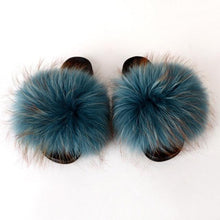 将图片加载到图库查看器，Summer Women Raccoon Fur Slippers Plush Slides Furry Sandals Fluffy House Shoes Girl's Cute Flip Flops Sandal With Soft Furry Faux Fox Fur House Outdoor Multicolor Slippers
