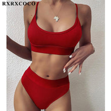 Load image into Gallery viewer, Swimwear Women Ribbed Bathing Suit Female Push Up Bikini Set Women's Bathing Suit Lace up Bikini Ribbed Two Piece Swimsuit Beachwear High Waist Bikini Women's Swimsuit
