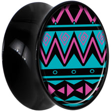 Load image into Gallery viewer, Black Acrylic Pink Teal Tribal Print Saddle Plug Set 5/8
