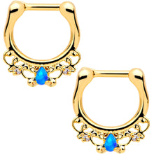 Load image into Gallery viewer, 1/4 Blue Synthetic Opal Gold Tone Anodized Drop Nipple Clicker Set
