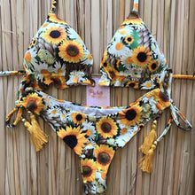 Load image into Gallery viewer, Tassel Leaves Print Woman Swimsuit Women's Two Piece Swimsuit Floral Print Bikini Sets New Comfortable Beach Bikini Bathing Suit Halter Triangle Lace Up Swimwear For Women
