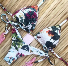 Load image into Gallery viewer, Tassel Leaves Print Woman Swimsuit Women's Two Piece Swimsuit Floral Print Bikini Sets New Comfortable Beach Bikini Bathing Suit Halter Triangle Lace Up Swimwear For Women
