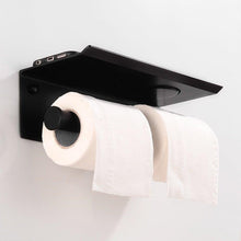 将图片加载到图库查看器，Toilet Paper Holder Phone Bathroom Roll Holder Aluminum Paper Holder with Shelf Black Double Paper Towel Holder Wall Mount Tissue Roll Hanger With Storage Shelf Space Aluminum Self Adhesive With Glue Wall Mount With Screws
