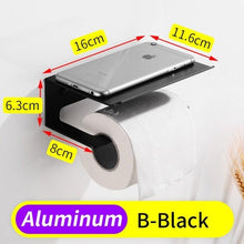 将图片加载到图库查看器，Toilet Paper Holder Phone Bathroom Roll Holder Aluminum Paper Holder with Shelf Black Double Paper Towel Holder Wall Mount Tissue Roll Hanger With Storage Shelf Space Aluminum Self Adhesive With Glue Wall Mount With Screws
