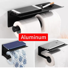 将图片加载到图库查看器，Toilet Paper Holder Phone Bathroom Roll Holder Aluminum Paper Holder with Shelf Black Double Paper Towel Holder Wall Mount Tissue Roll Hanger With Storage Shelf Space Aluminum Self Adhesive With Glue Wall Mount With Screws
