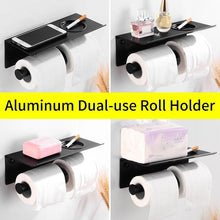 将图片加载到图库查看器，Toilet Paper Holder Phone Bathroom Roll Holder Aluminum Paper Holder with Shelf Black Double Paper Towel Holder Wall Mount Tissue Roll Hanger With Storage Shelf Space Aluminum Self Adhesive With Glue Wall Mount With Screws

