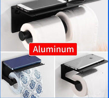 将图片加载到图库查看器，Toilet Paper Holder Phone Bathroom Roll Holder Aluminum Paper Holder with Shelf Black Double Paper Towel Holder Wall Mount Tissue Roll Hanger With Storage Shelf Space Aluminum Self Adhesive With Glue Wall Mount With Screws
