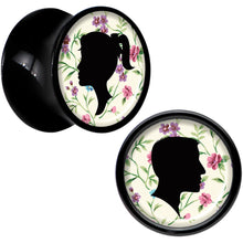 Load image into Gallery viewer, Black Acrylic Man Woman Floral Silhouette Saddle Plug Set 00G
