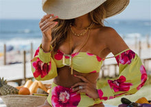 将图片加载到图库查看器，Trendy High Waist Bikini New Long Sleeve Swimsuit  Women's Long Sleeve High Waist Off-Shoulder Swimwear Women Bubble Sleeve Bikinis Mesh Charming Beach Wear
