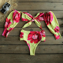 将图片加载到图库查看器，Trendy High Waist Bikini New Long Sleeve Swimsuit  Women's Long Sleeve High Waist Off-Shoulder Swimwear Women Bubble Sleeve Bikinis Mesh Charming Beach Wear
