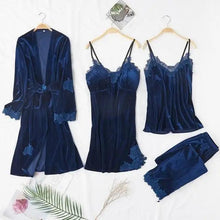 将图片加载到图库查看器，Trendy New Four Pieces Warm Winter Pajamas Sets Women Stylish Lace Robe Pajama Sleepwear Suit Sleeveless Nightwear Women's Sleepwear Set 4-Piece Women's Pajamas Elegant Comfortable Loungewear Satin Sleepwear with Robe Nightgown Pants
