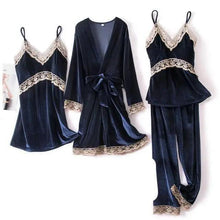 将图片加载到图库查看器，Trendy New Four Pieces Warm Winter Pajamas Sets Women Stylish Lace Robe Pajama Sleepwear Suit Sleeveless Nightwear Women's Sleepwear Set 4-Piece Women's Pajamas Elegant Comfortable Loungewear Satin Sleepwear with Robe Nightgown Pants
