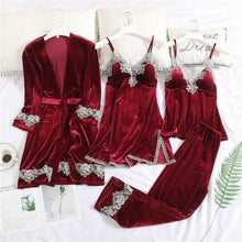 将图片加载到图库查看器，Trendy New Four Pieces Warm Winter Pajamas Sets Women Stylish Lace Robe Pajama Sleepwear Suit Sleeveless Nightwear Women's Sleepwear Set 4-Piece Women's Pajamas Elegant Comfortable Loungewear Satin Sleepwear with Robe Nightgown Pants
