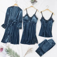 将图片加载到图库查看器，Trendy New Four Pieces Warm Winter Pajamas Sets Women Stylish Lace Robe Pajama Sleepwear Suit Sleeveless Nightwear Women's Sleepwear Set 4-Piece Women's Pajamas Elegant Comfortable Loungewear Satin Sleepwear with Robe Nightgown Pants

