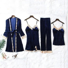 将图片加载到图库查看器，Trendy New Four Pieces Warm Winter Pajamas Sets Women Stylish Lace Robe Pajama Sleepwear Suit Sleeveless Nightwear Women's Sleepwear Set 4-Piece Women's Pajamas Elegant Comfortable Loungewear Satin Sleepwear with Robe Nightgown Pants
