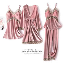 将图片加载到图库查看器，Trendy New Four Pieces Warm Winter Pajamas Sets Women Stylish Lace Robe Pajama Sleepwear Suit Sleeveless Nightwear Women's Sleepwear Set 4-Piece Women's Pajamas Elegant Comfortable Loungewear Satin Sleepwear with Robe Nightgown Pants

