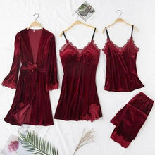 将图片加载到图库查看器，Trendy New Four Pieces Warm Winter Pajamas Sets Women Stylish Lace Robe Pajama Sleepwear Suit Sleeveless Nightwear Women's Sleepwear Set 4-Piece Women's Pajamas Elegant Comfortable Loungewear Satin Sleepwear with Robe Nightgown Pants
