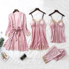 将图片加载到图库查看器，Trendy New Four Pieces Warm Winter Pajamas Sets Women Stylish Lace Robe Pajama Sleepwear Suit Sleeveless Nightwear Women's Sleepwear Set 4-Piece Women's Pajamas Elegant Comfortable Loungewear Satin Sleepwear with Robe Nightgown Pants
