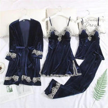 将图片加载到图库查看器，Trendy New Four Pieces Warm Winter Pajamas Sets Women Stylish Lace Robe Pajama Sleepwear Suit Sleeveless Nightwear Women's Sleepwear Set 4-Piece Women's Pajamas Elegant Comfortable Loungewear Satin Sleepwear with Robe Nightgown Pants
