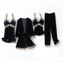 将图片加载到图库查看器，Trendy New Four Pieces Warm Winter Pajamas Sets Women Stylish Lace Robe Pajama Sleepwear Suit Sleeveless Nightwear Women's Sleepwear Set 4-Piece Women's Pajamas Elegant Comfortable Loungewear Satin Sleepwear with Robe Nightgown Pants
