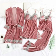 将图片加载到图库查看器，Trendy New Four Pieces Warm Winter Pajamas Sets Women Stylish Lace Robe Pajama Sleepwear Suit Sleeveless Nightwear Women's Sleepwear Set 4-Piece Women's Pajamas Elegant Comfortable Loungewear Satin Sleepwear with Robe Nightgown Pants
