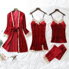 将图片加载到图库查看器，Trendy New Four Pieces Warm Winter Pajamas Sets Women Stylish Lace Robe Pajama Sleepwear Suit Sleeveless Nightwear Women's Sleepwear Set 4-Piece Women's Pajamas Elegant Comfortable Loungewear Satin Sleepwear with Robe Nightgown Pants
