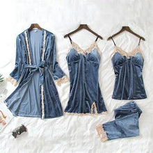 将图片加载到图库查看器，Trendy New Four Pieces Warm Winter Pajamas Sets Women Stylish Lace Robe Pajama Sleepwear Suit Sleeveless Nightwear Women's Sleepwear Set 4-Piece Women's Pajamas Elegant Comfortable Loungewear Satin Sleepwear with Robe Nightgown Pants
