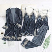 将图片加载到图库查看器，Trendy New Four Pieces Warm Winter Pajamas Sets Women Stylish Lace Robe Pajama Sleepwear Suit Sleeveless Nightwear Women's Sleepwear Set 4-Piece Women's Pajamas Elegant Comfortable Loungewear Satin Sleepwear with Robe Nightgown Pants
