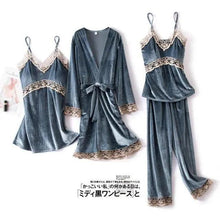 将图片加载到图库查看器，Trendy New Four Pieces Warm Winter Pajamas Sets Women Stylish Lace Robe Pajama Sleepwear Suit Sleeveless Nightwear Women's Sleepwear Set 4-Piece Women's Pajamas Elegant Comfortable Loungewear Satin Sleepwear with Robe Nightgown Pants
