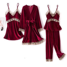 将图片加载到图库查看器，Trendy New Four Pieces Warm Winter Pajamas Sets Women Stylish Lace Robe Pajama Sleepwear Suit Sleeveless Nightwear Women's Sleepwear Set 4-Piece Women's Pajamas Elegant Comfortable Loungewear Satin Sleepwear with Robe Nightgown Pants
