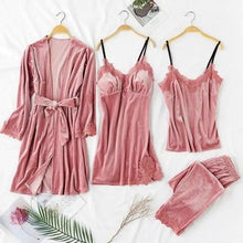 将图片加载到图库查看器，Trendy New Four Pieces Warm Winter Pajamas Sets Women Stylish Lace Robe Pajama Sleepwear Suit Sleeveless Nightwear Women's Sleepwear Set 4-Piece Women's Pajamas Elegant Comfortable Loungewear Satin Sleepwear with Robe Nightgown Pants
