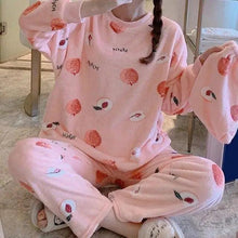 Load image into Gallery viewer, Trendy Pajama Women Thick Flannel Warm Female Winter Pajama Set Long Sleeve Full Trousers Two Piece Pajamas  Cartoon Pajamas Women Pajamas Set Sleepwear Autumn Plus Size Top Long Pant Sleepwear Girls Pajamas
