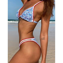 将图片加载到图库查看器，Triangle Micro Bikini Set Vintage Print Swimsuit Women's Swimming Suit Hollow Out Swimwear Padded Push Up Bikini Set Swimwear Beachwear Swimsuit High Cut Bathing Suit Swim
