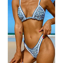 将图片加载到图库查看器，Triangle Micro Bikini Set Vintage Print Swimsuit Women's Swimming Suit Hollow Out Swimwear Padded Push Up Bikini Set Swimwear Beachwear Swimsuit High Cut Bathing Suit Swim
