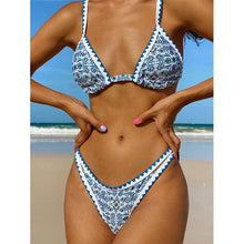 将图片加载到图库查看器，Triangle Micro Bikini Set Vintage Print Swimsuit Women's Swimming Suit Hollow Out Swimwear Padded Push Up Bikini Set Swimwear Beachwear Swimsuit High Cut Bathing Suit Swim
