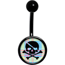 Load image into Gallery viewer, Pink Green Plaid Heart Skull Black Belly Ring
