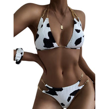 Load image into Gallery viewer, Two Piece Milk Cow Printed Swimwear Women's Bikini Suit Bikinis For Women Bathing Suit Women's Two-Piece Swimwear Tie Triangle Split Deep V-neck Iron Chain Halter Tops With Side Hollowed Bottoms
