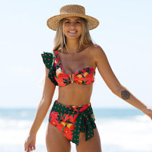 将图片加载到图库查看器，Two-Pieces Women Floral Push-Up Padded Bra Ruffles Bikini Set Swimsuit Swimwear Bathing Suit Beachwear Floral Printed Swimsuit Knotted String Triangle Bikini Tie Side High Cut Cheeky Bikini Set
