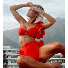 将图片加载到图库查看器，Two-Pieces Women Floral Push-Up Padded Bra Ruffles Bikini Set Swimsuit Swimwear Bathing Suit Beachwear Floral Printed Swimsuit Knotted String Triangle Bikini Tie Side High Cut Cheeky Bikini Set

