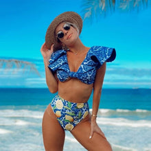 将图片加载到图库查看器，Two-Pieces Women Floral Push-Up Padded Bra Ruffles Bikini Set Swimsuit Swimwear Bathing Suit Beachwear Floral Printed Swimsuit Knotted String Triangle Bikini Tie Side High Cut Cheeky Bikini Set
