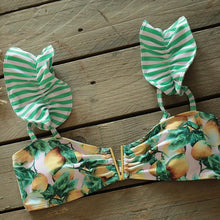 将图片加载到图库查看器，Two-Pieces Women Floral Push-Up Padded Bra Ruffles Bikini Set Swimsuit Swimwear Bathing Suit Beachwear Floral Printed Swimsuit Knotted String Triangle Bikini Tie Side High Cut Cheeky Bikini Set
