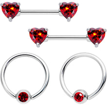 Load image into Gallery viewer, 14G 5/8 Red Gem Heart Captive Ring Barbell Nipple Ring Set
