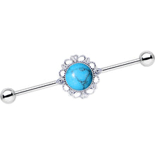 Load image into Gallery viewer, Blue Faux Turquoise Southwest Spirit Flower Industrial Barbell 38mm
