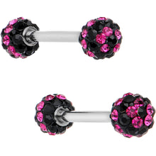 Load image into Gallery viewer, 5/8 Black Pink CZ Gem Two Tone Stripe Barbell Nipple Ring Set
